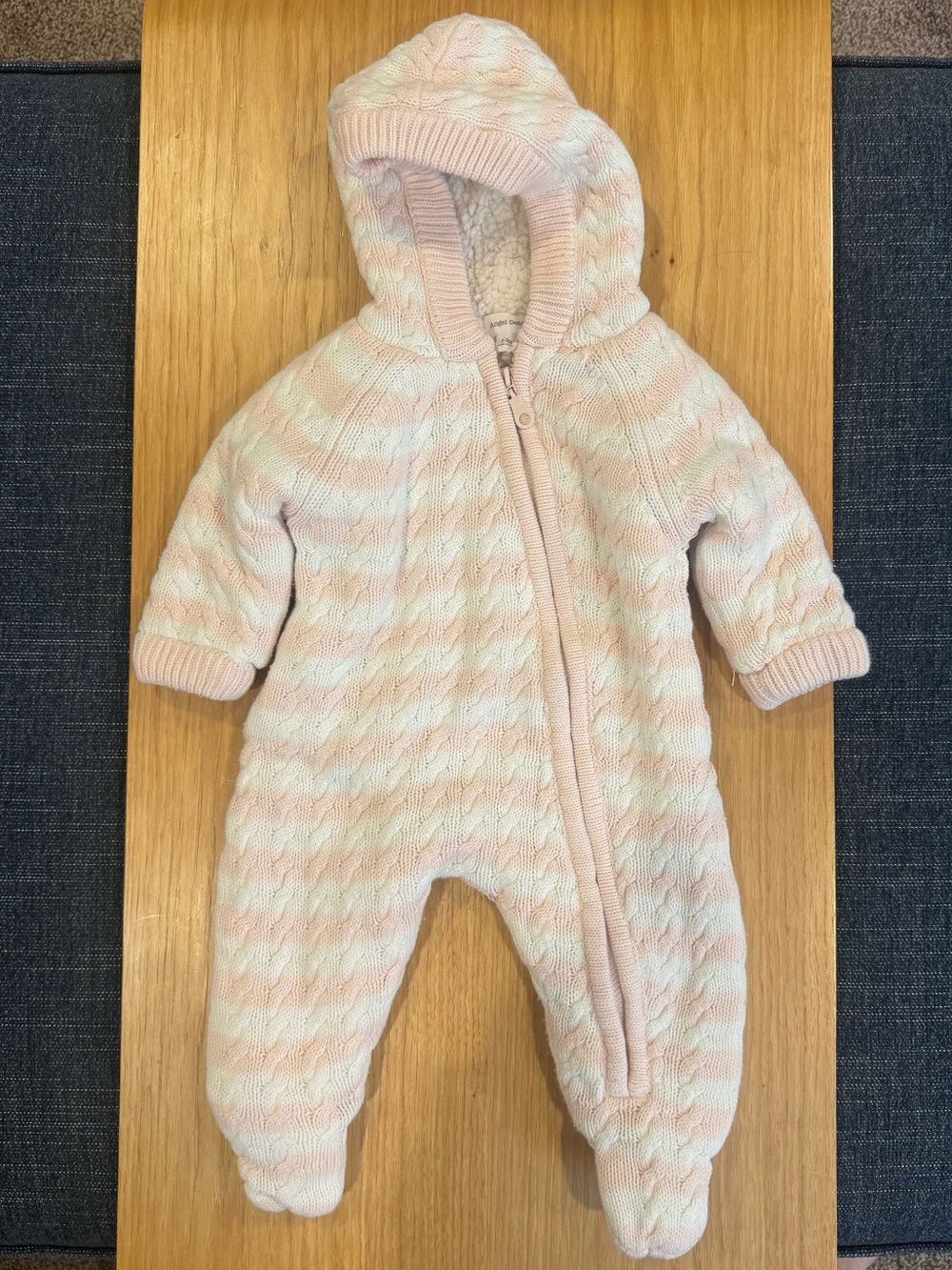 Angel Dear Hooded Baby Bunting Suit in Pale Pink Stripes